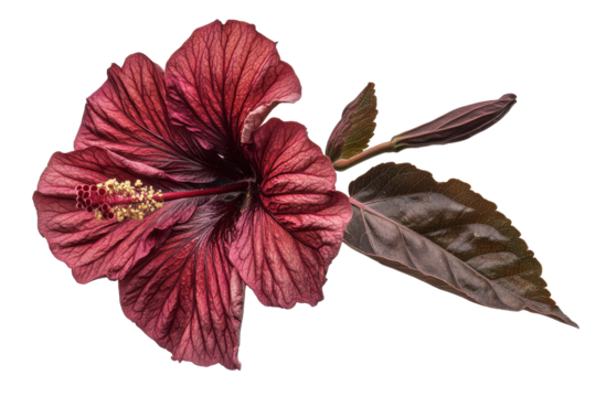 Dark red hibiscus flower with leaves isolated on transparent background. Roselle hibiscus with leaf isolated on white background.