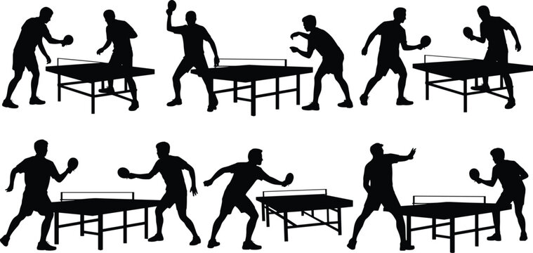 Table tennis silhouettes, ping pong action, paddle poses, dynamic movement, sports technique, black vector, athletic stance, indoor game, fast reflex, serve return