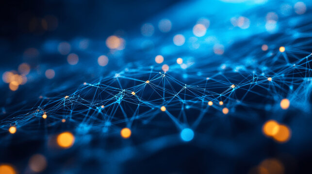 Exploration of abstract network connections illuminated by vibrant blue and orange lights
