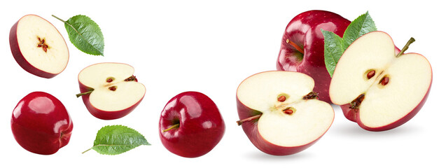 half of red apple with green leaf isolated on white background. clipping path