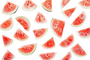 Freshly sliced watermelon pieces isolated on transparent background. Sliced fresh watermelon isolated on white background.