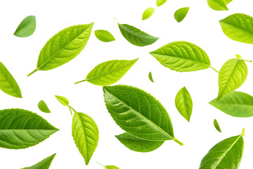 Fototapeta premium Leaves in the wind, flying fresh green leaves on transparent.