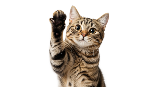 Cute tabby cat raising paw isolated on transparent background