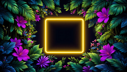 Neon square frame surrounded by vibrant tropical foliage and purple flowers on a dark background 3d wallpaper home decoration custom 3d photo wallpaper panaflex design for wall hd background