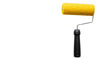 A yellow paint roller with a black handle on a transparent background. Ideal for home improvement and painting projects.