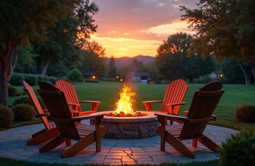 Fototapeta premium Outdoor fire pit glows in backyard at sunset. Adirondack chairs surround stone fireplace on patio. Green lawn, trees, distant mountains complete tranquil evening scene. Cozy autumn night gathering