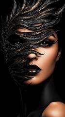 Woman's face is partially covered by decorative black feathers with golden glitter against a stark black background.