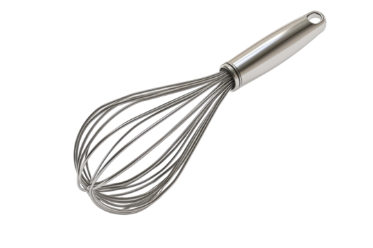 Shiny metal whisk kitchen utensil isolated on transparent background. Steel whisk designed for mixing and whisking ingredients isolated on white background.