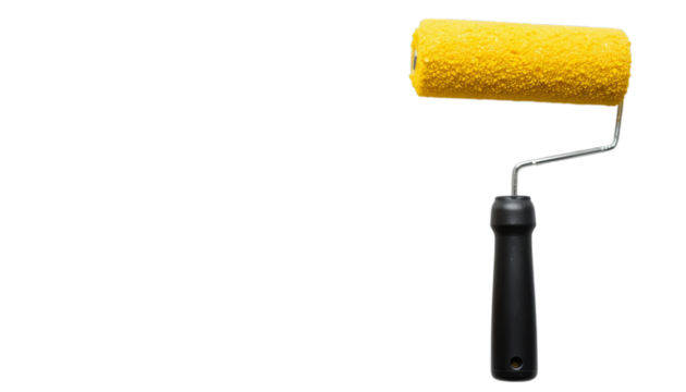 A yellow paint roller with a black handle on a transparent background. Ideal for home improvement and painting projects.