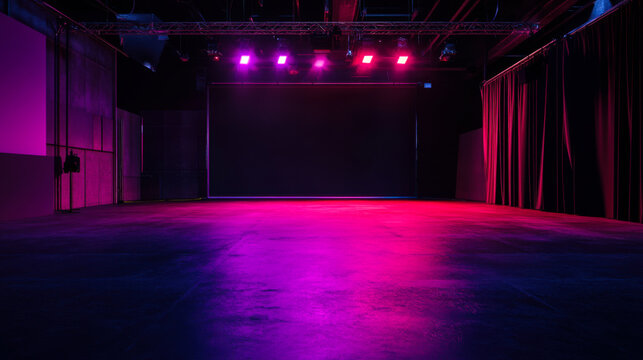 Modern studio space with vibrant purple lighting and professional equipment for creative projects
