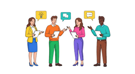 Diverse group of people communicating with speech bubbles isolated on transparent background