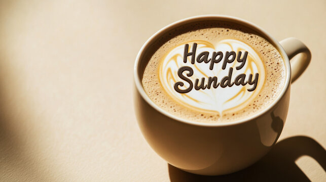 Delicious latte art featuring a cheerful message for a relaxing Sunday morning in a cozy cafe