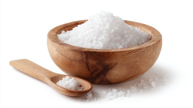 sea salt in wooden bowl, accompanied by wooden spoon, isolated on white background, natural texture