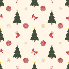 Classic Christmas Seamless Pattern on Red Background Cream