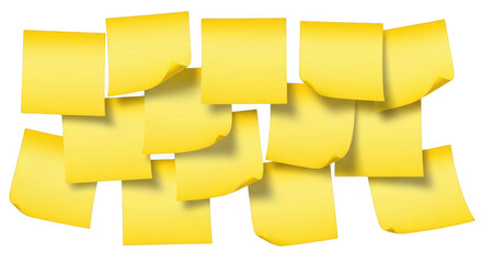 Pile of yellow sticky notes isolated on transparent background