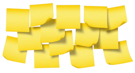 Pile of yellow sticky notes isolated on transparent background