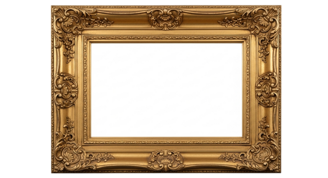 Ornate antique gold picture frame isolated on transparent background