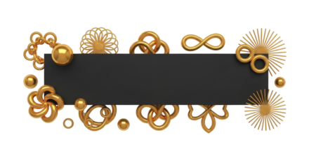 Abstract golden geometric ornaments framing a black rectangular banner with a white background, perfect for graphic design or branding