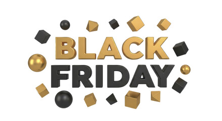 Dynamic 3D illustration of 'BLACK FRIDAY' in striking gold and black typography, surrounded by abstract floating shapes, symbolizing a major sales event