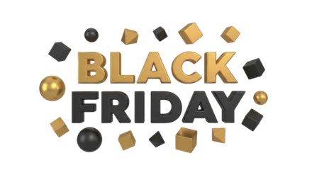 Dynamic 3D illustration of 'BLACK FRIDAY' in striking gold and black typography, surrounded by abstract floating shapes, symbolizing a major sales event