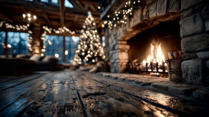 Naklejka premium Warm fire burns in stone fireplace creating cozy atmosphere in rustic cabin. Christmas tree adorned with lights stands nearby. Concept of holiday gatherings, winter retreats, home decor
