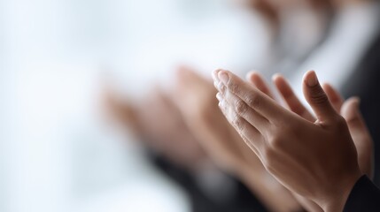 hands of employees applauding during presentation, conference or workshop, motivation and teamwork concept