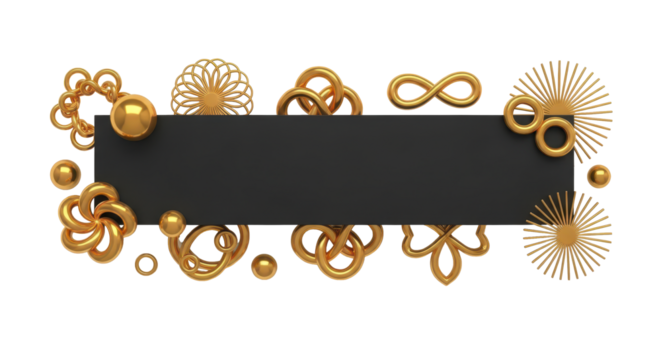 Abstract golden geometric ornaments framing a black rectangular banner with a white background, perfect for graphic design or branding