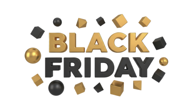 Dynamic 3D illustration of 'BLACK FRIDAY' in striking gold and black typography, surrounded by abstract floating shapes, symbolizing a major sales event