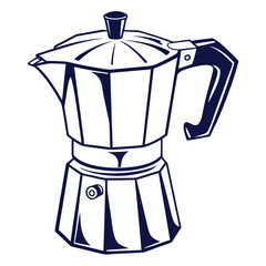 A classic italian moka pot coffee maker with a dark blue outline on a white background representing a traditional brewing method for rich espresso