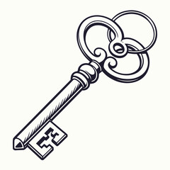 An antique ornate skeleton key with a decorative bow and intricate bit rendered in a classic black and white line art style on a plain background
