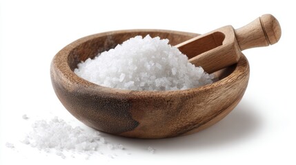 natural sea salt in bowl with scoop, isolated on white, high-detail and rustic presentation