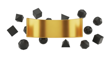 Dynamic golden curved banner with abstract black geometric shapes. Elegant 3D design for modern graphic concepts, creating a sophisticated visual element on a pure white background