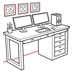 A clean line drawing illustration of a modern home office desk setup featuring dual computer monitors a keyboard a mouse a potted plant and framed artwork on the wall above