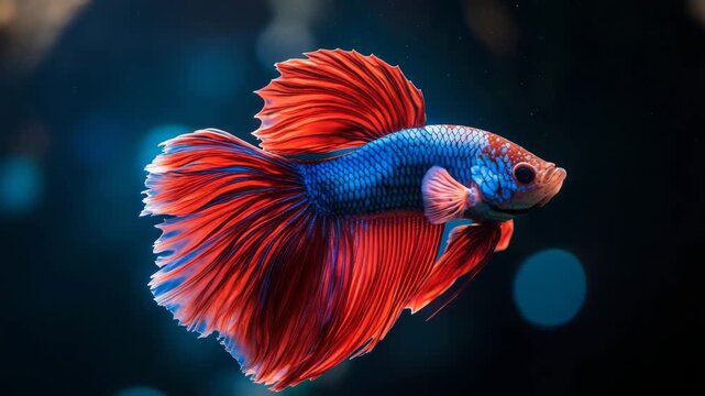 Red betta fish in blue aquarium