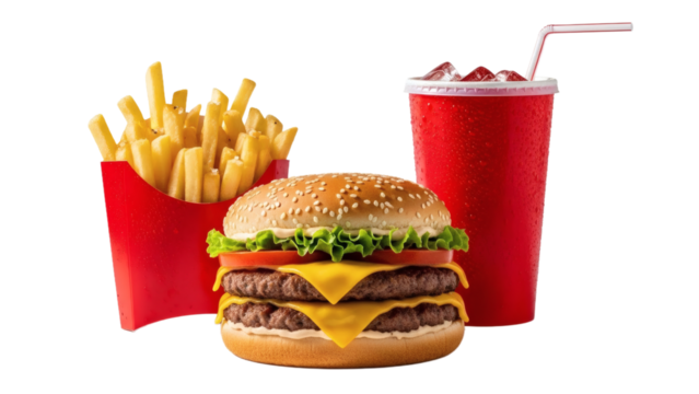 Delicious double cheeseburger with fries and soda isolated on transparent background