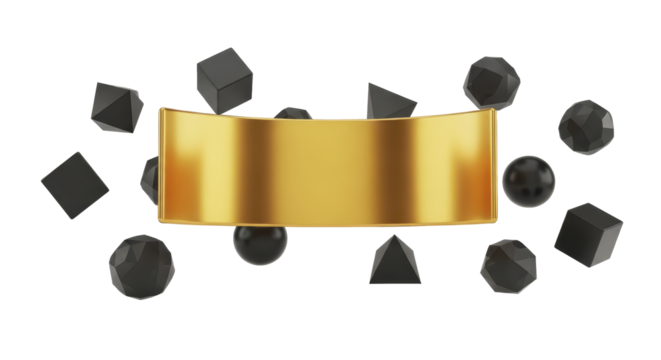 Dynamic golden curved banner with abstract black geometric shapes. Elegant 3D design for modern graphic concepts, creating a sophisticated visual element on a pure white background