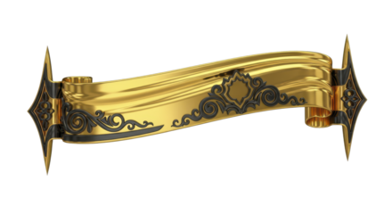 Golden scroll banner with intricate floral details and stylized ends, ornate frame