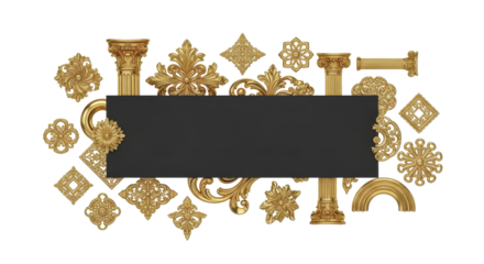 Opulent Golden Classical Architectural Elements Framing a Blank Dark Banner for Text or Logo, Exuding Rich Heritage and Timeless Elegance in a Luxurious Design Context