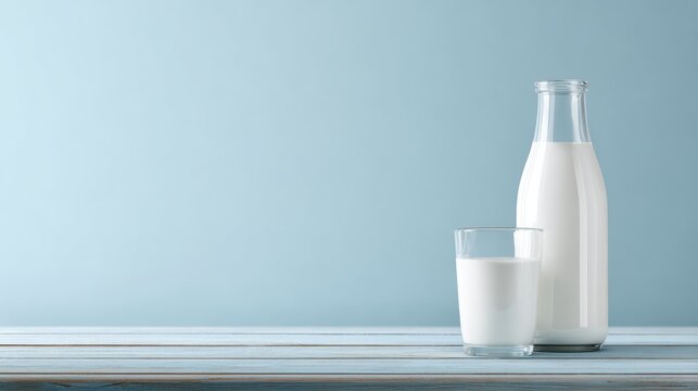 glass and bottle of milk on wooden table, light blue background, fresh and clean composition
