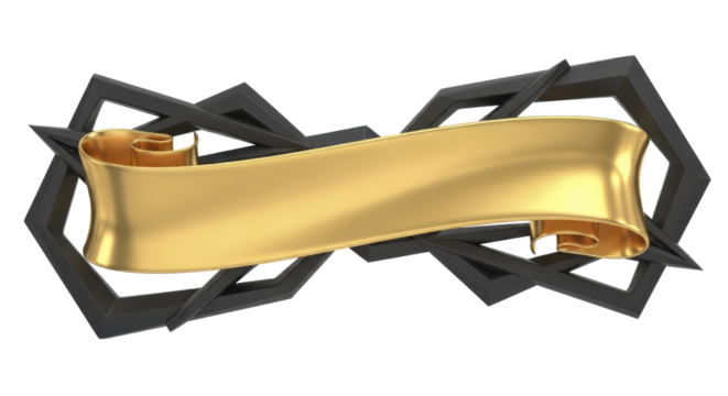 Golden ribbon banner with abstract geometric frame, isolated on a white background, ideal for graphic design and decorative elements