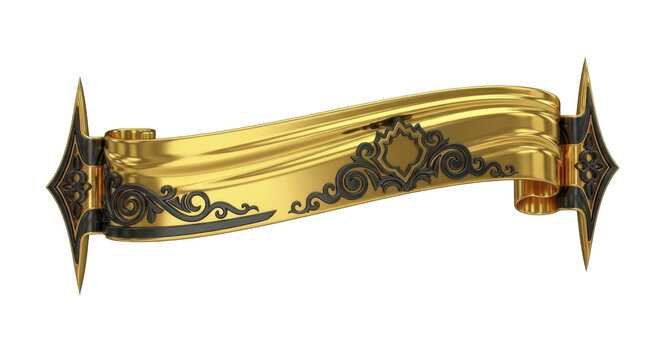 Golden scroll banner with intricate floral details and stylized ends, ornate frame