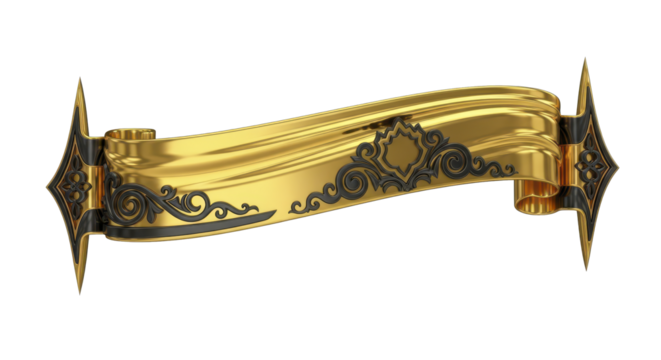 Golden scroll banner with intricate floral details and stylized ends, ornate frame