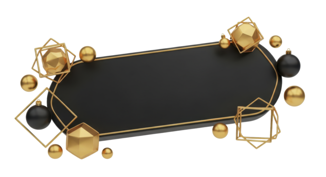 Luxurious black banner template adorned with elegant golden geometric spheres and abstract shapes, perfect for upscale promotions, festive celebrations, or special announcements