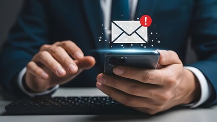 Businessman checking email on smartphone with new message notification icon