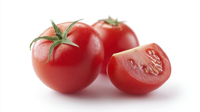 juicy tomato, whole and halved, clean white background, fresh and realistic - Powered by Adobe