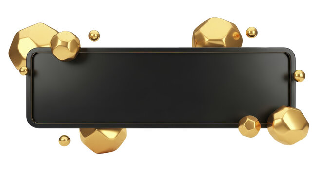 Sophisticated 3D black banner with abstract golden geometric shapes and metallic spheres, a contemporary and luxurious design element for digital content and premium branding
