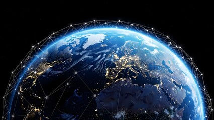 Digital network surrounding earth illuminating cities at night in space