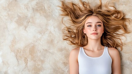 Young woman lies down with blonde hair spread out on the neutral patterned surface, wearing a white top in studio lighting.