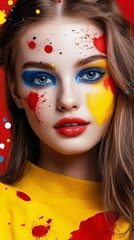 Young woman is posing with red, blue, and yellow paint splattered on her face and wearing matching colors.