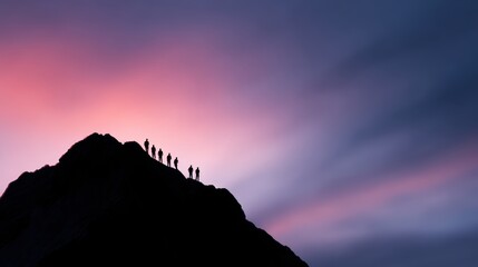 silhouette of team standing on mountain peak, leadership and teamwork concept, dramatic sunrise or sunset background